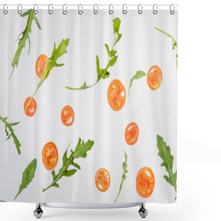 Personality  Fresh Sliced Red Tomatoes And  Green Arugula Leaves On Grey Background Shower Curtains