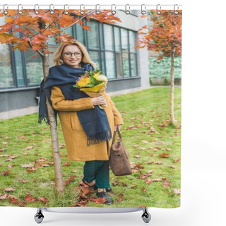 Personality  Stylish Woman With Flowers In Autumn Park Shower Curtains