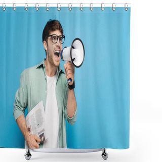 Personality  Aggressive Man Holding Newspaper While Screaming In Megaphone On Blue Shower Curtains