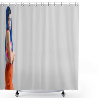 Personality  Fashion Forward, Young Woman With Blue Hair Looking At Camera In Colorful Clothes On Grey Background, Individualism, Modern Style, Urban Fashion, Vibrant Color, Female Model, Banner  Shower Curtains