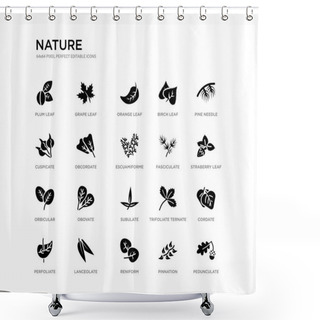 Personality  Set Of 20 Black Filled Vector Icons Such As Pedunculate, Cordate, Straberry Leaf, Pine Needle, Pinnation, Reniform, Cuspicate, Birch Leaf, Orange Leaf, Grape Nature Black Icons Collection. Editable Shower Curtains