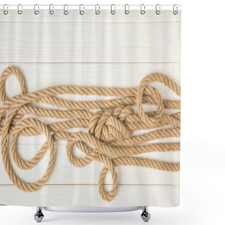 Personality  Top View Of Brown Nautical Knotted Ropes On White Wooden Surface Shower Curtains