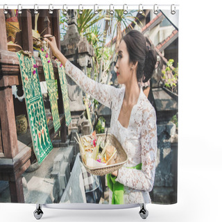 Personality  Balinese Woman Doing Ritual Offering Canang Sari And Praying At  Shower Curtains