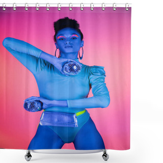 Personality  Trendy African American Woman With Neon Visage Holding Disco Balls On Pink Background Shower Curtains