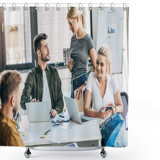 Personality  Group Of Young Business People Working With Laptops And Chatting Together At Office Shower Curtains
