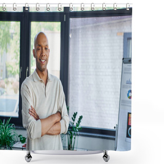 Personality  Professional Headshots, Happy African American Businessman With Eye Syndrome Looking At Camera And Standing With Folded Arms, Myasthenia Gravis, Dark Skinned And Bold Office Worker  Shower Curtains