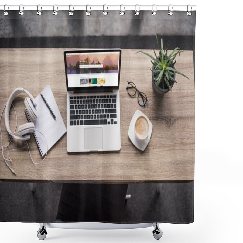 Personality  Top View Of Laptop Standing At Modern Workplace With Shutterstock Homepage Website On Screen Shower Curtains