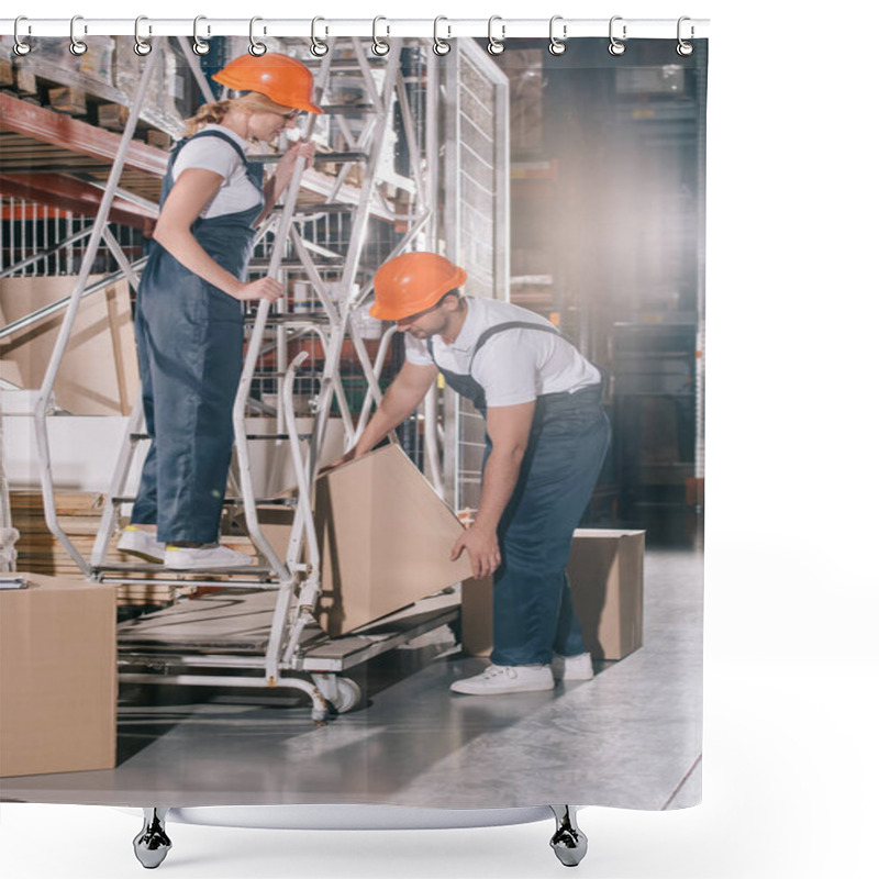 Personality  Workwoman Standing On Ladder And Looking At Loader Taking Cardboard Box Shower Curtains