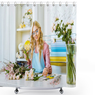 Personality  Beautiful Female Florist In Glasses Arranging Bouquet And Holding Pruner In Flower Shop Shower Curtains