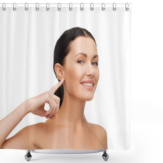 Personality  Young Calm Woman Pointing To Her Ear Shower Curtains