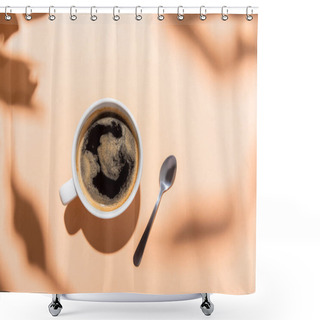 Personality  Top View Of Coffee Cup And Teaspoon On Beige With Shadows Shower Curtains