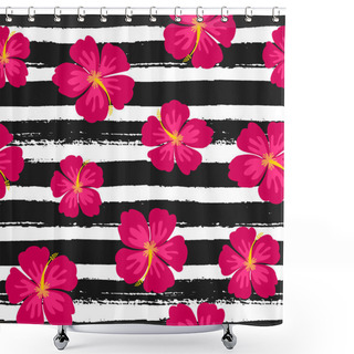 Personality  Hibiscus Flowers And Stripes Seamless Pattern Shower Curtains