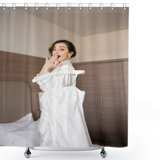 Personality  Shocked Young Bride With Brunette Hair In White Silk Robe Holding Soft Hanger With Elegant Wedding Dress And Covering Mouth In Bedroom Of Hotel Room, Special Occasion, Charming Woman  Shower Curtains