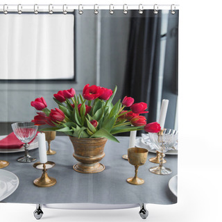 Personality  Close Up View Of Bouquet Of Red Tulips On Tabletop With Arranged Vintage Cutlery And Candles Shower Curtains