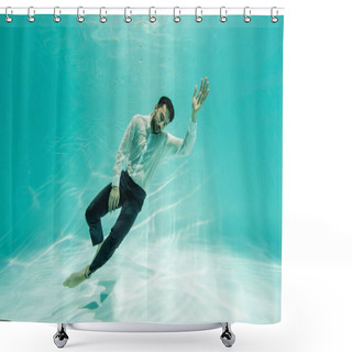 Personality  Arabian Businessman In Formal Wear Swimming Near Bottom Of Pool  Shower Curtains