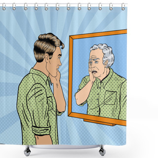 Personality  Pop Art Shocked Man Looking At Older Himself In The Mirror. Vector Illustration Shower Curtains