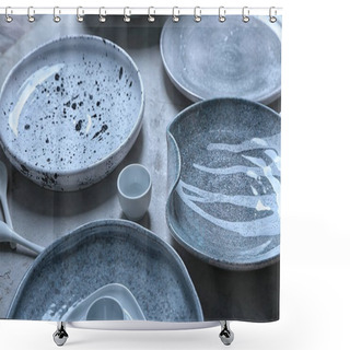 Personality  Ceramic Tableware On Grey Background Shower Curtains