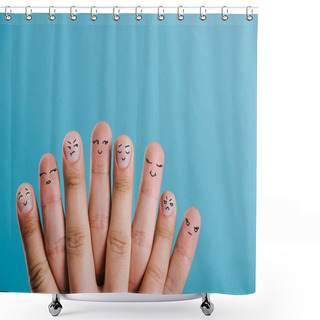 Personality  Cropped View Of Human Fingers With Different Emotions Isolated On Blue Shower Curtains