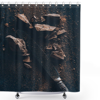 Personality  Top View Of Vintage Knife, Chocolate Pieces And Cocoa Powder On Dark Surface  Shower Curtains