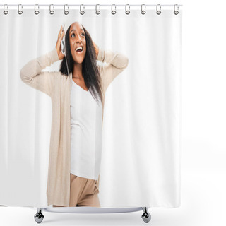 Personality  Ecstatic African American Pregnant Woman Listening Music In Headphones Isolated On White Shower Curtains