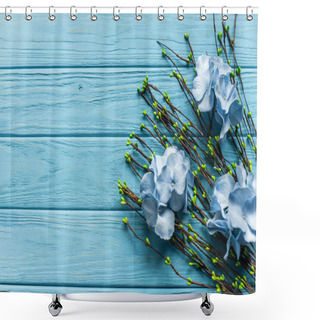 Personality  Top View Of Wooden Blue Background With Blossoming Branches And Flowers Shower Curtains