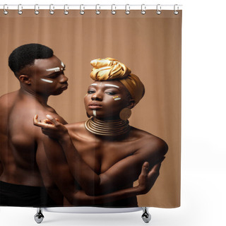 Personality  Sexy Naked Tribal Afro Couple Posing Isolated On Beige Shower Curtains