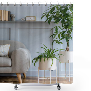 Personality  Stylish Scandinavian Interior Of Living Room With Grey Sofa, Pillows, Books, Gold Clock, Wood Paneling With Shelf, Elegant Personal Accessories And Plants In Design Modern Home Decor.  Shower Curtains