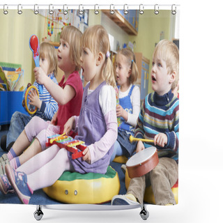 Personality  Group Of Pre School Children Taking Part In Music Lesson Shower Curtains