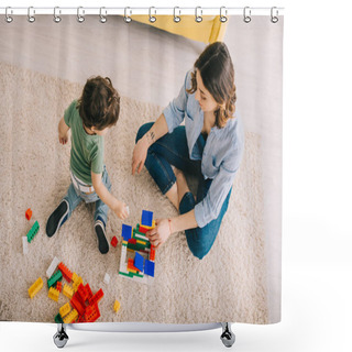 Personality  High Angle View Of Mom And Son Playing With Toy Blocks In Living Room Shower Curtains