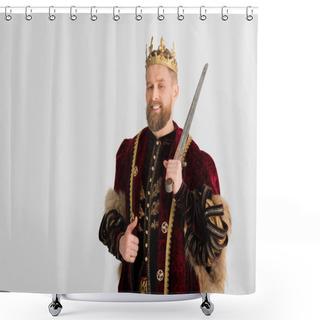 Personality  Smiling King With Crown Holding Sword And Showing Like Isolated On Grey Shower Curtains
