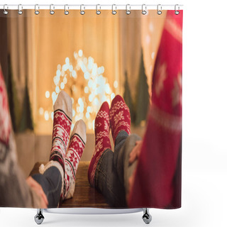Personality  Couple In Knitted Socks Near Fireplace Shower Curtains