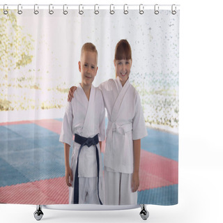 Personality  Children In Kimono During Karate Practice On Tatami Outdoors Shower Curtains