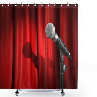 Personality  Microphone On Stage With Red Curtain. Music Or Performance  Conc Shower Curtains