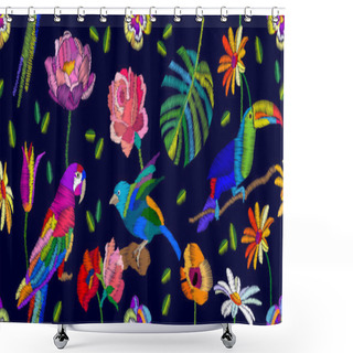 Personality  Colorful Birds In The Tropical Garden. Shower Curtains