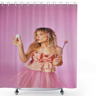 Personality  Amazed Curly Haired Woman In Tooth Fairy Attire With Headband And Magic Wand Looking At Baby Tooth Shower Curtains