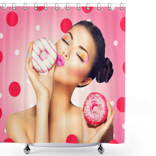 Personality  Woman Holding Colorful Donuts Shower Curtains