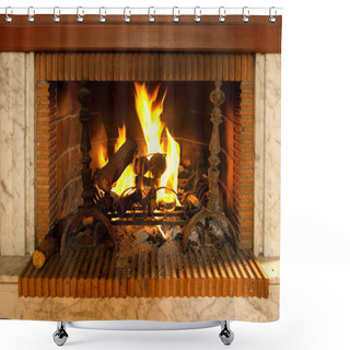 Personality  Log Fire Burning In Fireplace Surrounded With Red Bricks Shower Curtains