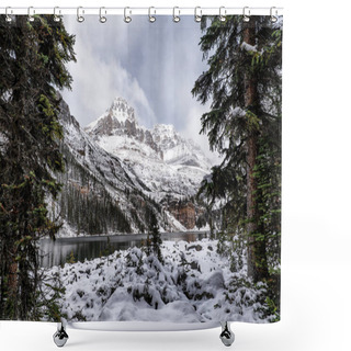 Personality  Snowy Rocky Mountains With Pine Tree On Lake O'hara In Winter At Yoho National Park, Canada Shower Curtains