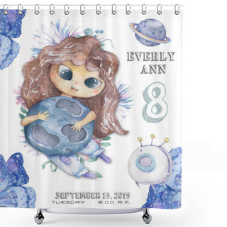 Personality  Astronaut Cartoon Girl Flying In The Space With A Futuristic Rocket And Satellites Around Stars And Planets. Baby Shower, Invite, Celebration And Birthday Card For Little Princess. Shower Curtains