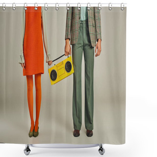 Personality  Cropped View Of Couple In Colorful Clothes Standing With Yellow Boombox On Grey, Vintage Lifestyle Shower Curtains