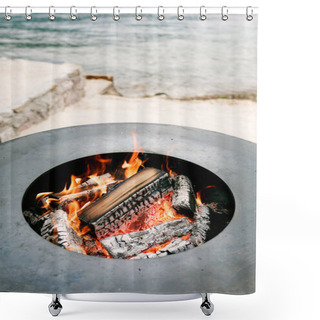 Personality  A Close-up Of The Round Frying Surface With Burning Wood Inside.  Shower Curtains