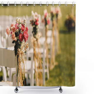 Personality  Bows Of Rope Twine Pink Bouquets To White Chairs Shower Curtains