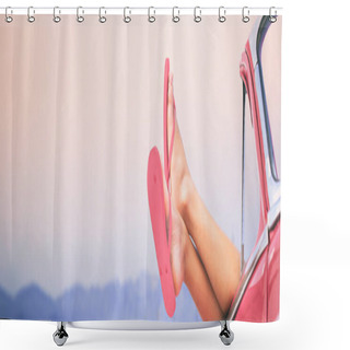 Personality  Road Trip Car Summer Fun Travel Vacation Banner Panorama. Womans Feet And Legs Outside Window Of Pink Vintage Retro Car. Freedom Holiday Concept Lifestyle With Copy Space On Sunset Sky. Shower Curtains