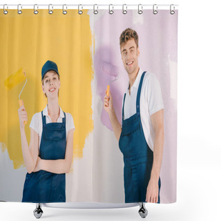 Personality  Young Painters In Overalls Holding Paint Rollers And Smiling At Camera Shower Curtains