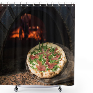 Personality  Close Up View Of Cooking Process Of Raw Pizza On Wooden Stove In Brick Oven Shower Curtains