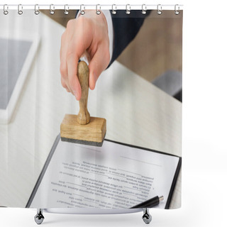 Personality  Cropped View Of Realtor Holding Stamp Near Clipboard With Document On Table, Leasing Concept  Shower Curtains