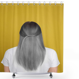Personality  Woman With Gray Hair On Yellow Background, Back View Shower Curtains