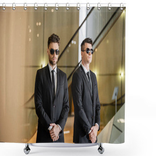 Personality  Security Management Of Luxury Hotel, Two Handsome Men In Formal Wear And Sunglasses, Guards On Duty, Safety Measures, Vigilance, Suits And Ties, Private Security, Strong Bodyguards  Shower Curtains