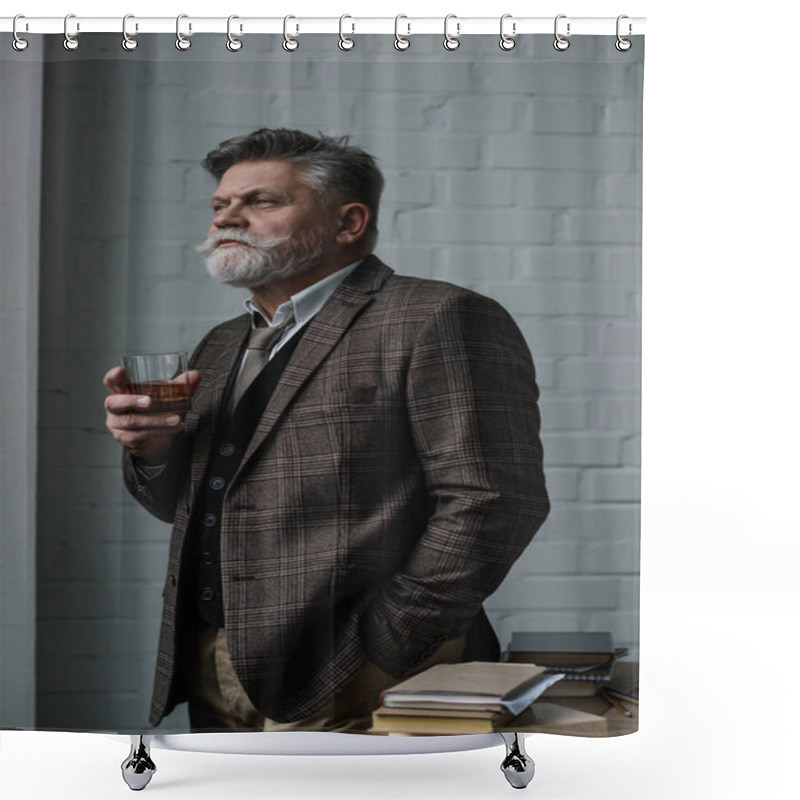 Personality  senior man in tweed suit with glass of whiskey looking away shower curtains
