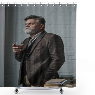 Personality  Senior Man In Tweed Suit With Glass Of Whiskey Looking Away Shower Curtains
